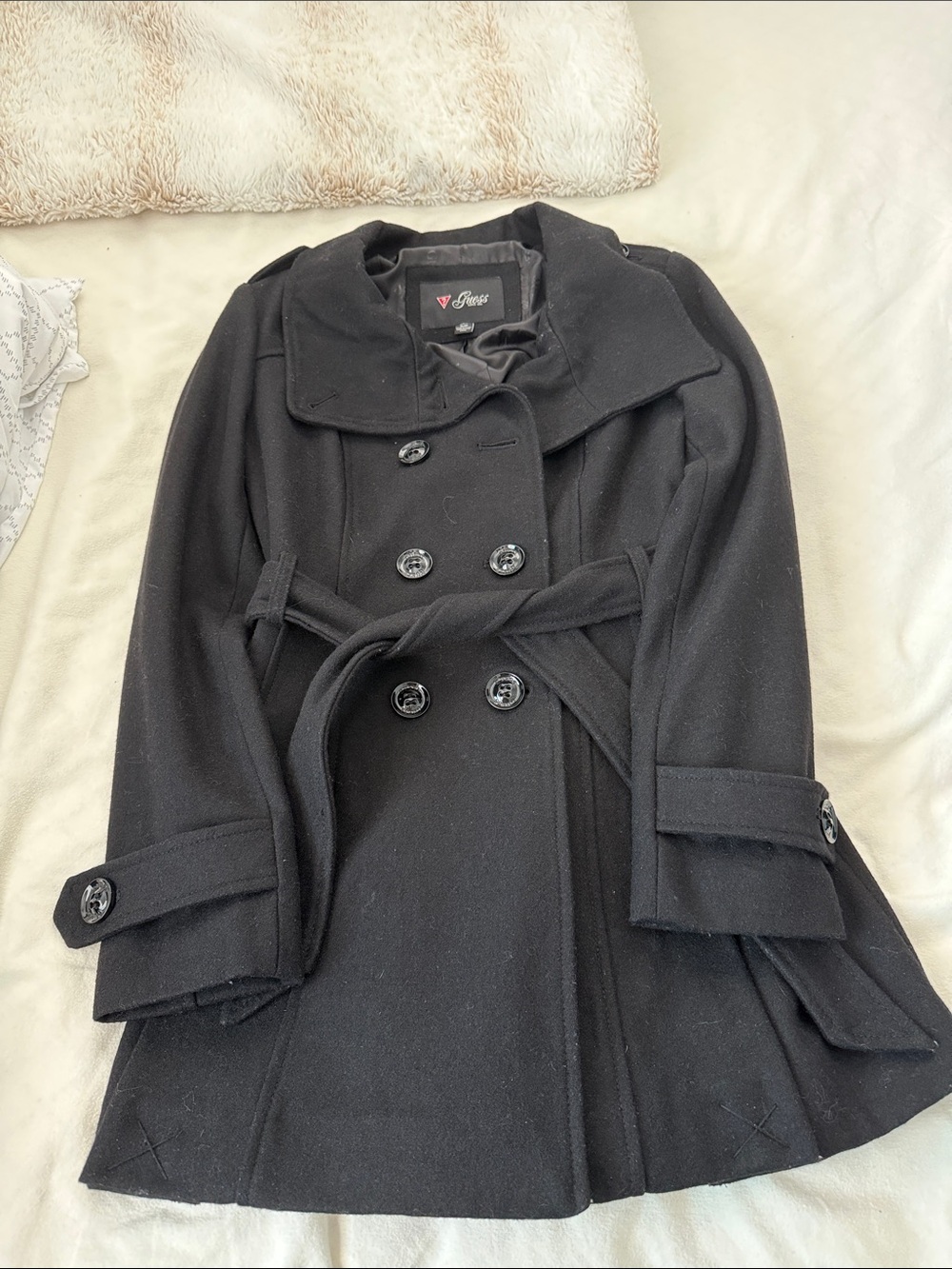 Guess Black Double-Breasted Pea Coat with Belt